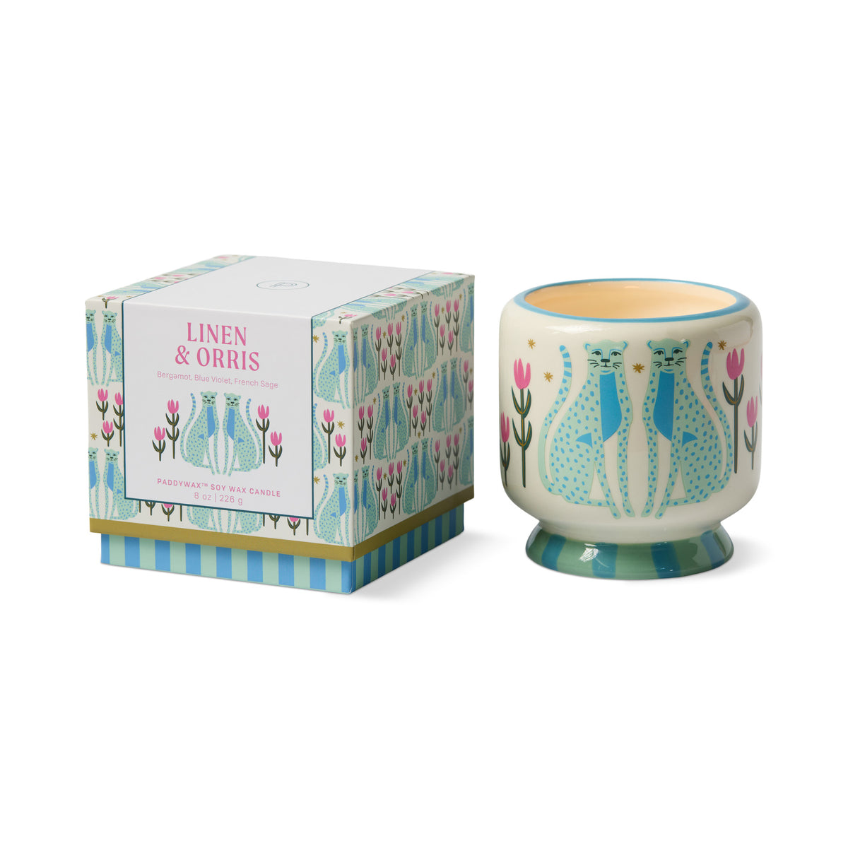 Paddywax A Dopo Blue Cheetahs Ceramic Candle -Linen & Orris