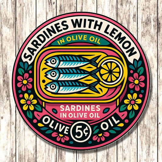 Sardines Lemon Olive Oil Retro Kitchen Circle Metal Sign