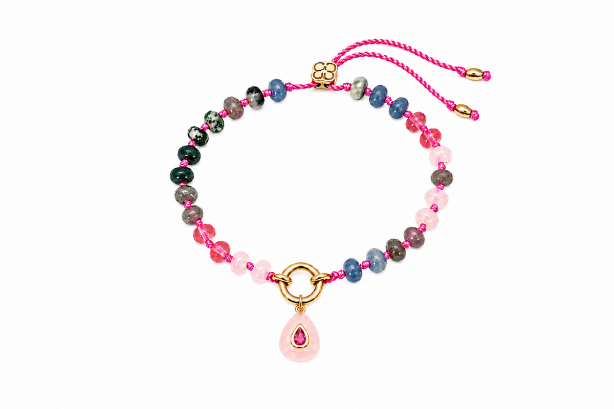 Zaha Pink Beaded Gold Charm Carrier Bracelet