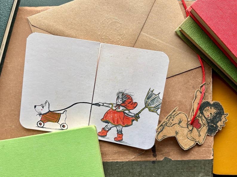 Vintage Inspired Dog Card – Fold Out Greeting, Child Walking Dog Illustration