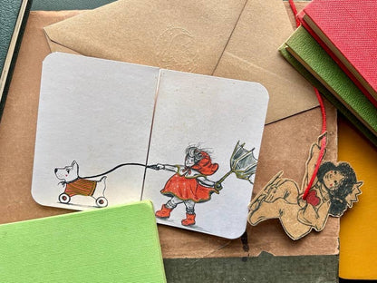 Vintage Inspired Dog Card – Fold Out Greeting, Child Walking Dog Illustration