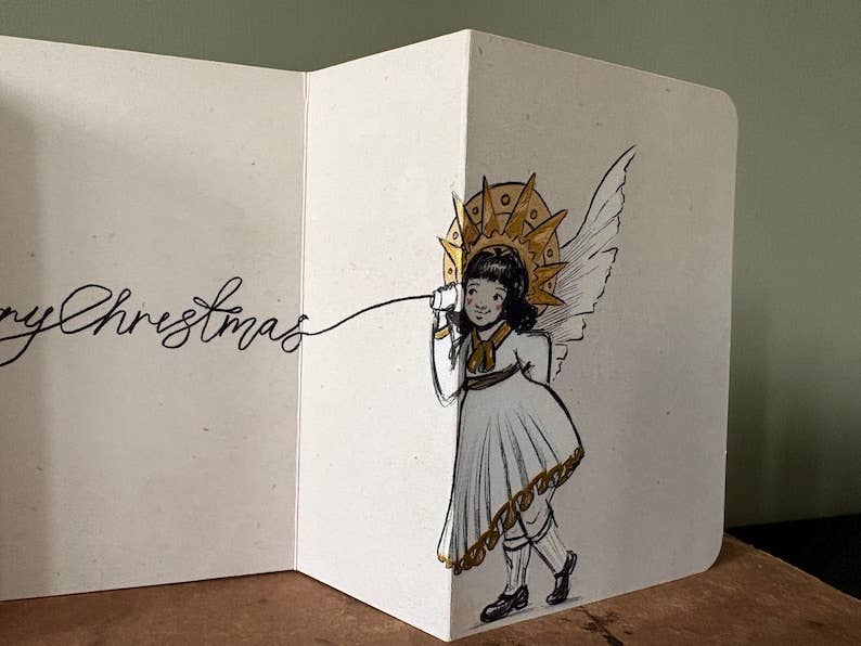 Vintage Whispering Angels - Fold Out Christmas Card: Humorous Children's Illustration