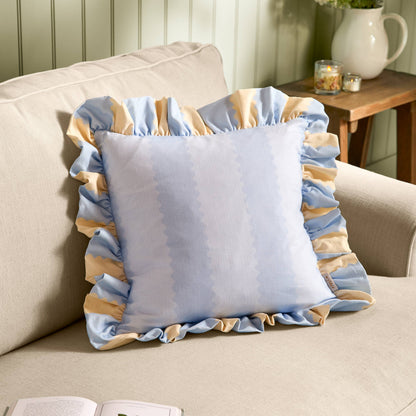 Birdie Stripe Ruffle Cushion Lemon/Sky