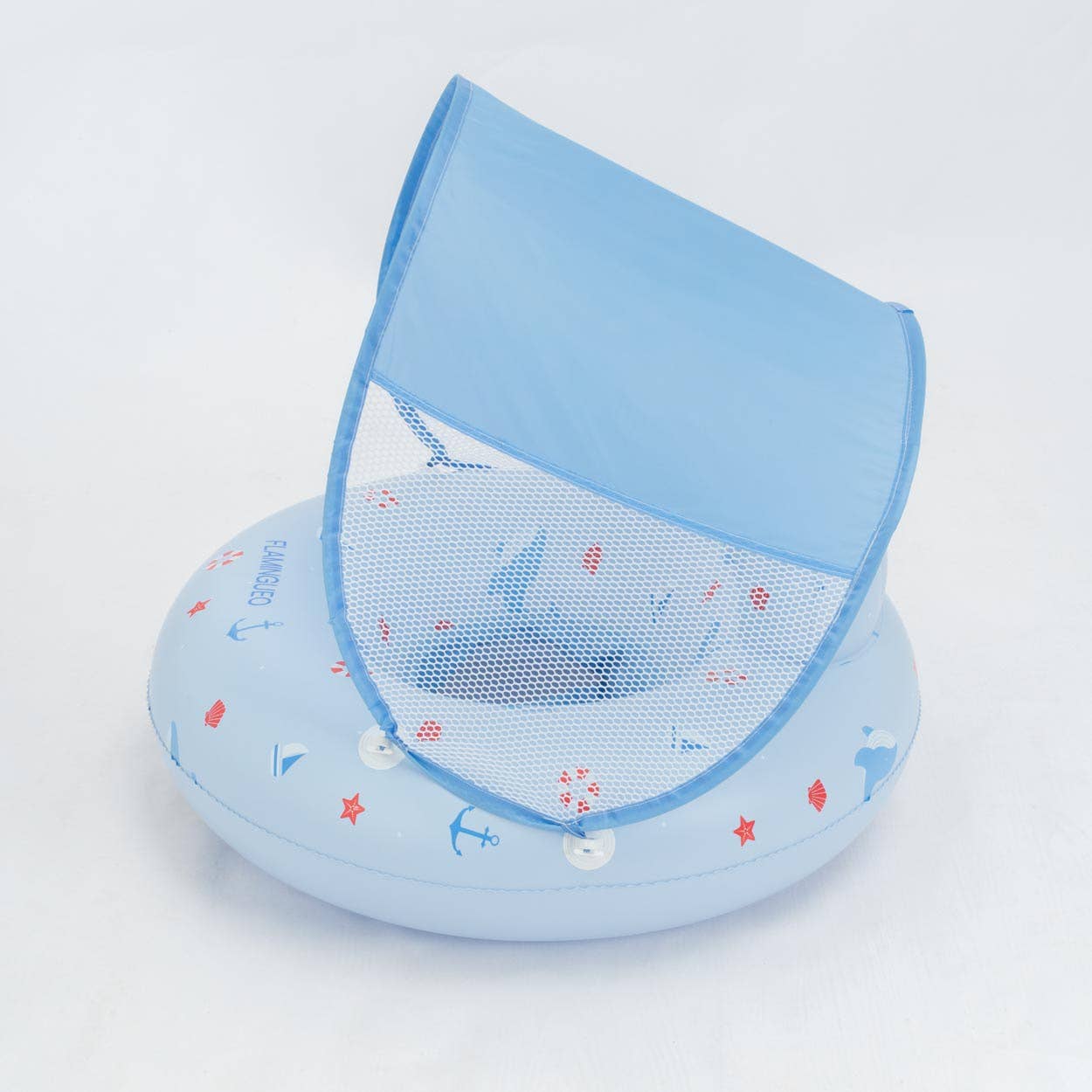 Baby-blue float with seat and canopy