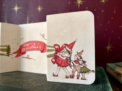 Vintage Christmas Cracker Card, Hand Illustrated Elves, Manymoon Fables Art