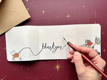 Vintage Inspired Dog Card – Fold Out Greeting, Child Walking Dog Illustration