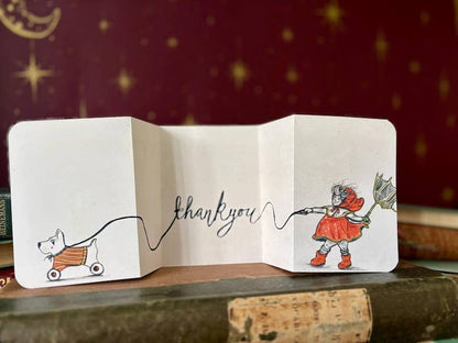 Vintage Inspired Dog Card – Fold Out Greeting, Child Walking Dog Illustration
