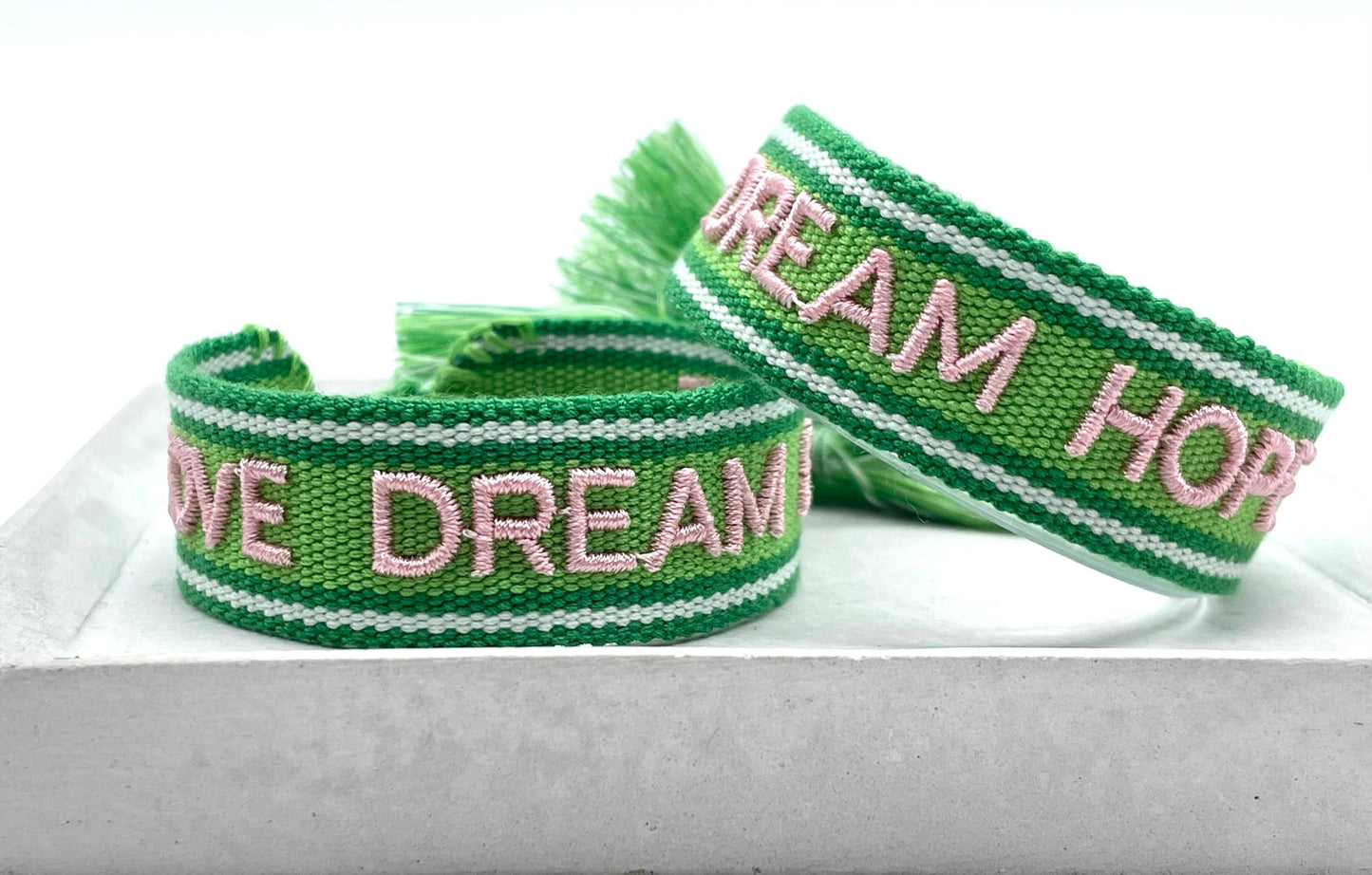 LOVE DREAM HOPE statement bracelet woven, embroidered
