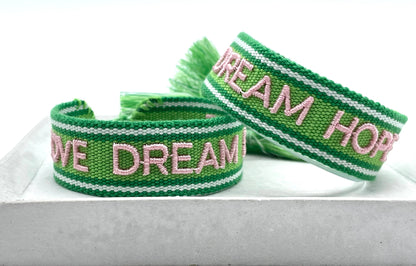 LOVE DREAM HOPE statement bracelet woven, embroidered