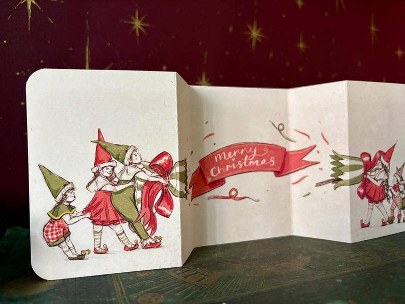 Vintage Christmas Cracker Card, Hand Illustrated Elves, Manymoon Fables Art