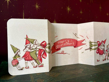 Vintage Christmas Cracker Card, Hand Illustrated Elves, Manymoon Fables Art