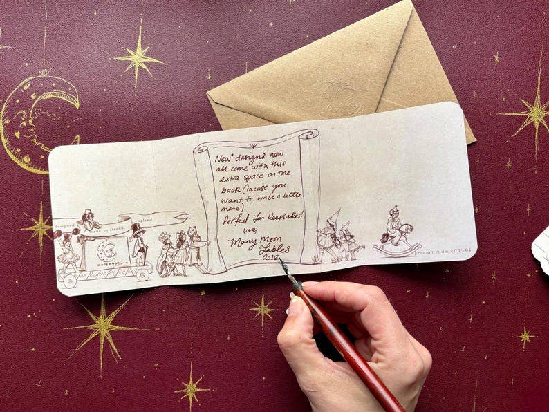 Vintage Christmas Cracker Card, Hand Illustrated Elves, Manymoon Fables Art