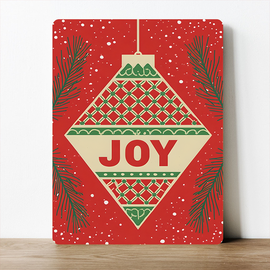 Joy Ornament Metal Sign – Vintage Red and Gold Christmas