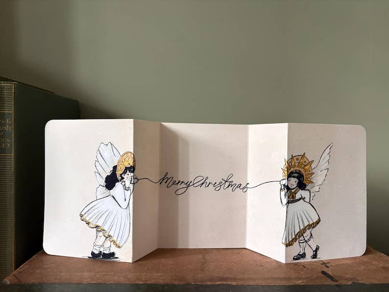 Vintage Whispering Angels - Fold Out Christmas Card: Humorous Children's Illustration