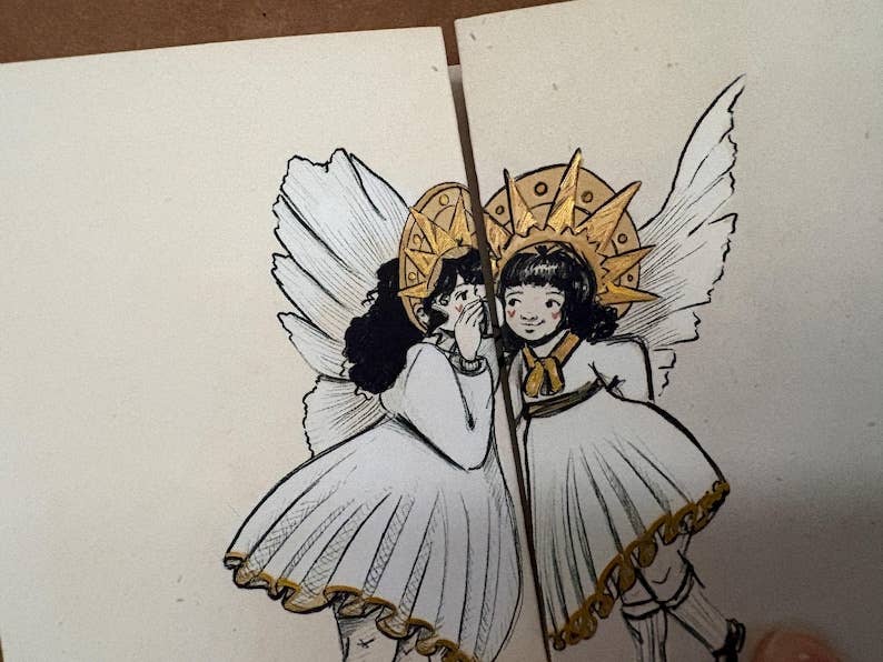 Vintage Whispering Angels - Fold Out Christmas Card: Humorous Children's Illustration