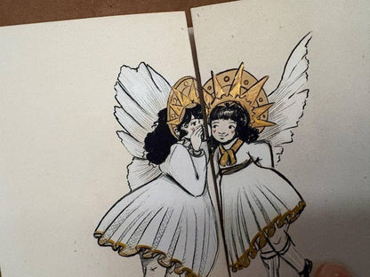 Vintage Whispering Angels - Fold Out Christmas Card: Humorous Children's Illustration