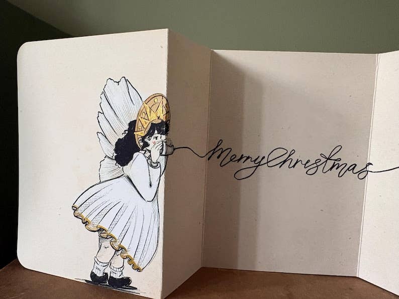 Vintage Whispering Angels - Fold Out Christmas Card: Humorous Children's Illustration