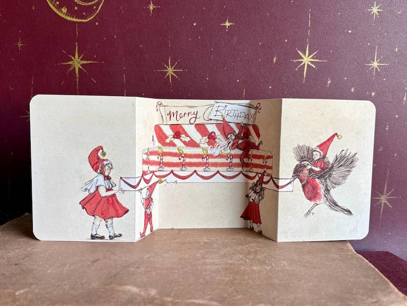 Merry Birthday - Vintage inspired fold out Christmas Birthday Card