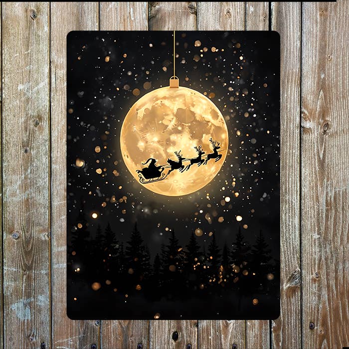 Santa Sleigh Full Moon Night Ornament Metal Sign