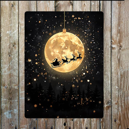 Santa Sleigh Full Moon Night Ornament Metal Sign