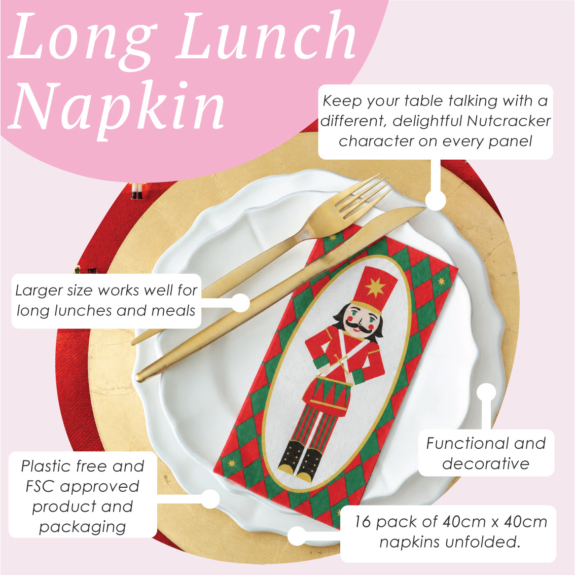 Botanical Nutcracker Long Lunch Napkin 15Pk