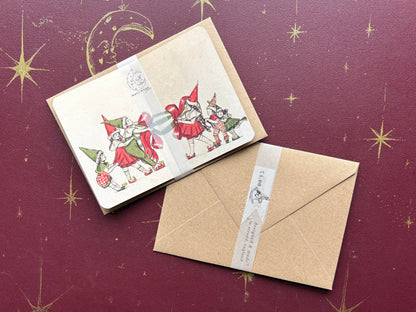Vintage Christmas Cracker Card, Hand Illustrated Elves, Manymoon Fables Art