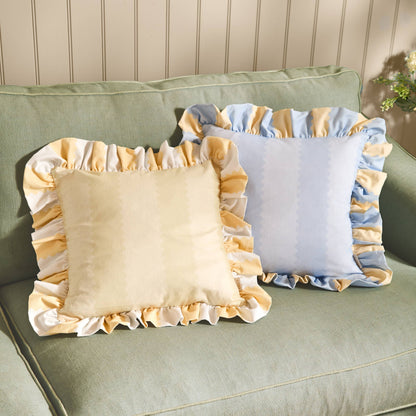 Birdie Stripe Ruffle Cushion Lemon/Sky