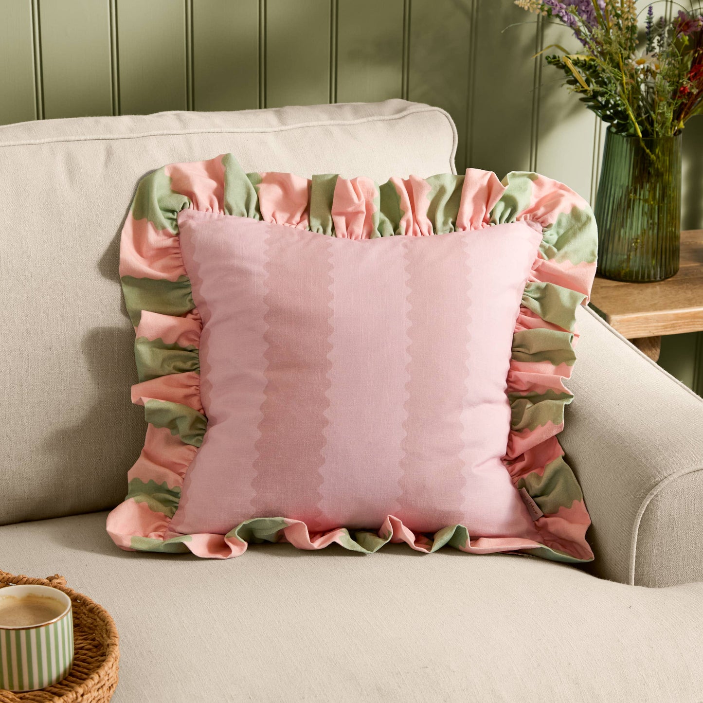 Birdie Stripe Ruffle Cushion Pink/Green