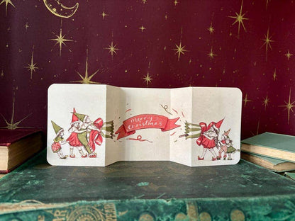 Vintage Christmas Cracker Card, Hand Illustrated Elves, Manymoon Fables Art
