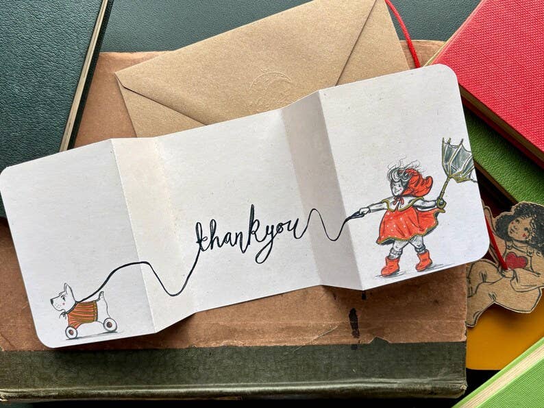 Vintage Inspired Dog Card – Fold Out Greeting, Child Walking Dog Illustration