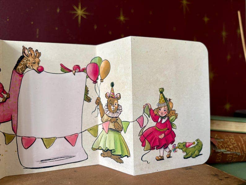 Vintage Inspired Party Animal Kids Birthday Card: Handmade Fold Out Card