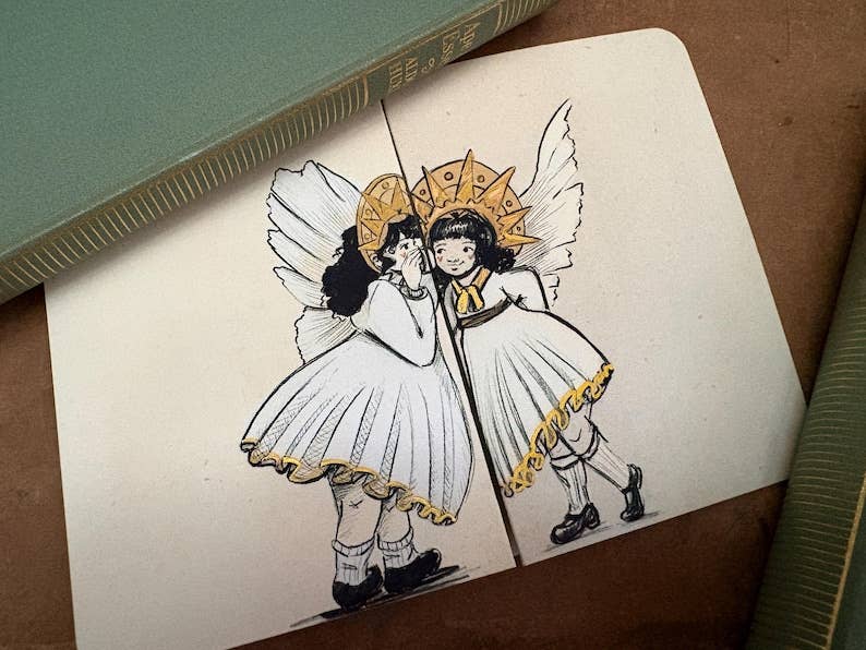 Vintage Whispering Angels - Fold Out Christmas Card: Humorous Children's Illustration