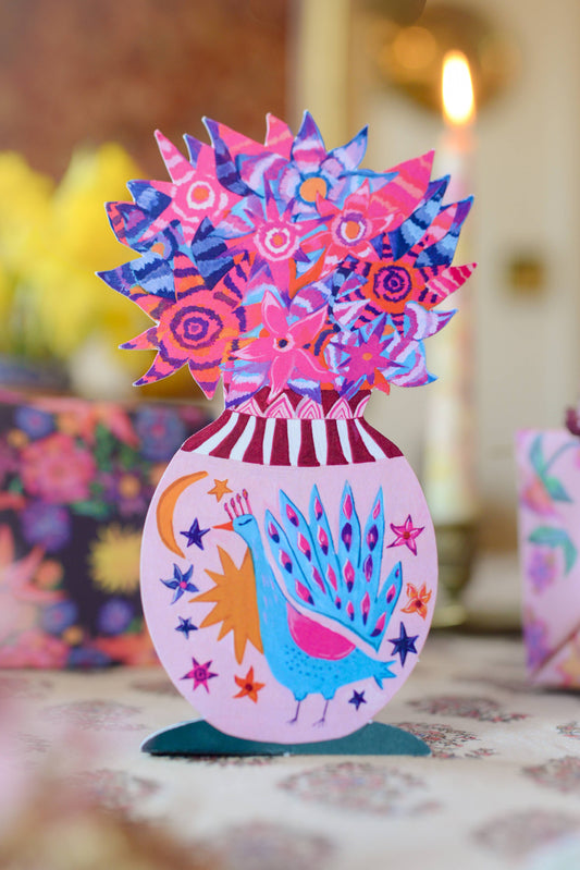 'Magical Pop Up Peacock Vase' Greetings Card