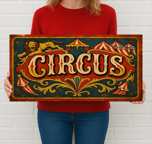 Vintage Circus Metal Sign – Lion Tents & Scroll Design Decor