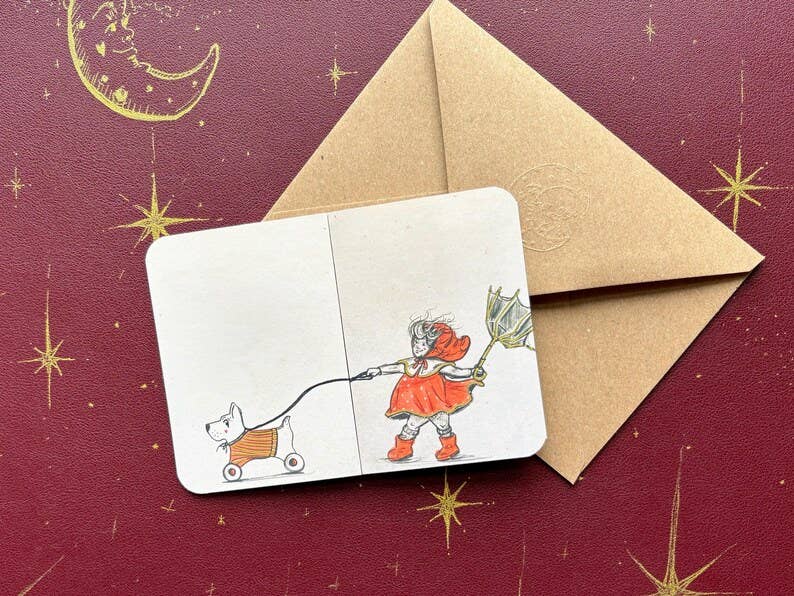 Vintage Inspired Dog Card – Fold Out Greeting, Child Walking Dog Illustration