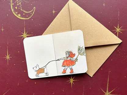 Vintage Inspired Dog Card – Fold Out Greeting, Child Walking Dog Illustration