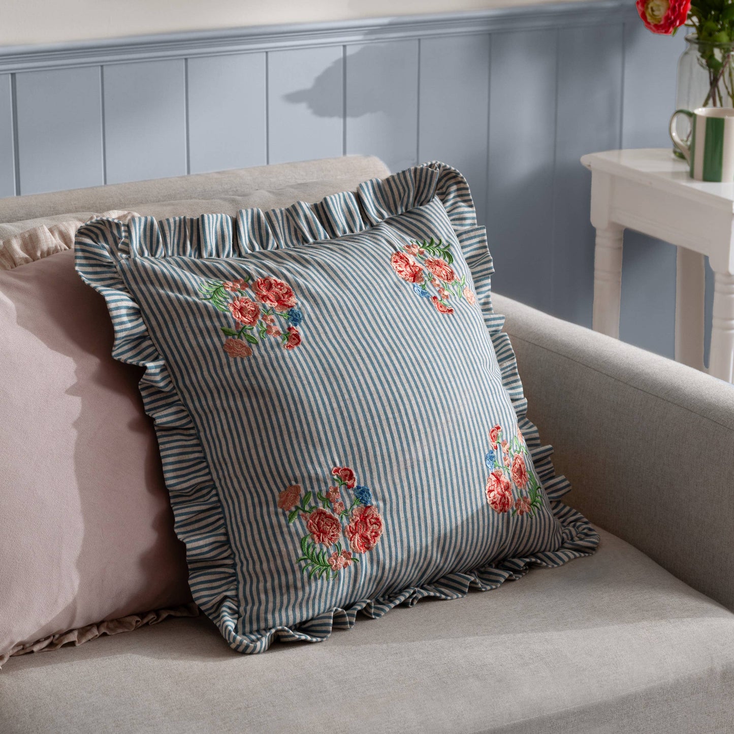 Martha Embroidered Ruffle Cushion Blue