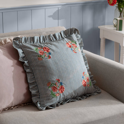 Martha Embroidered Ruffle Cushion Blue