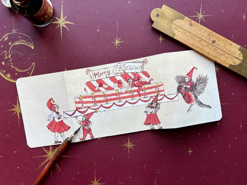 Merry Birthday - Vintage inspired fold out Christmas Birthday Card