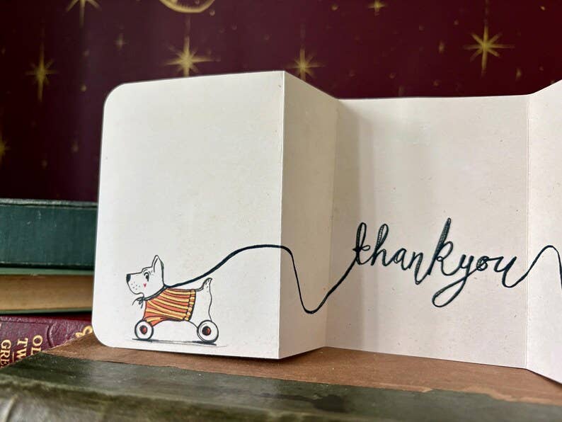 Vintage Inspired Dog Card – Fold Out Greeting, Child Walking Dog Illustration