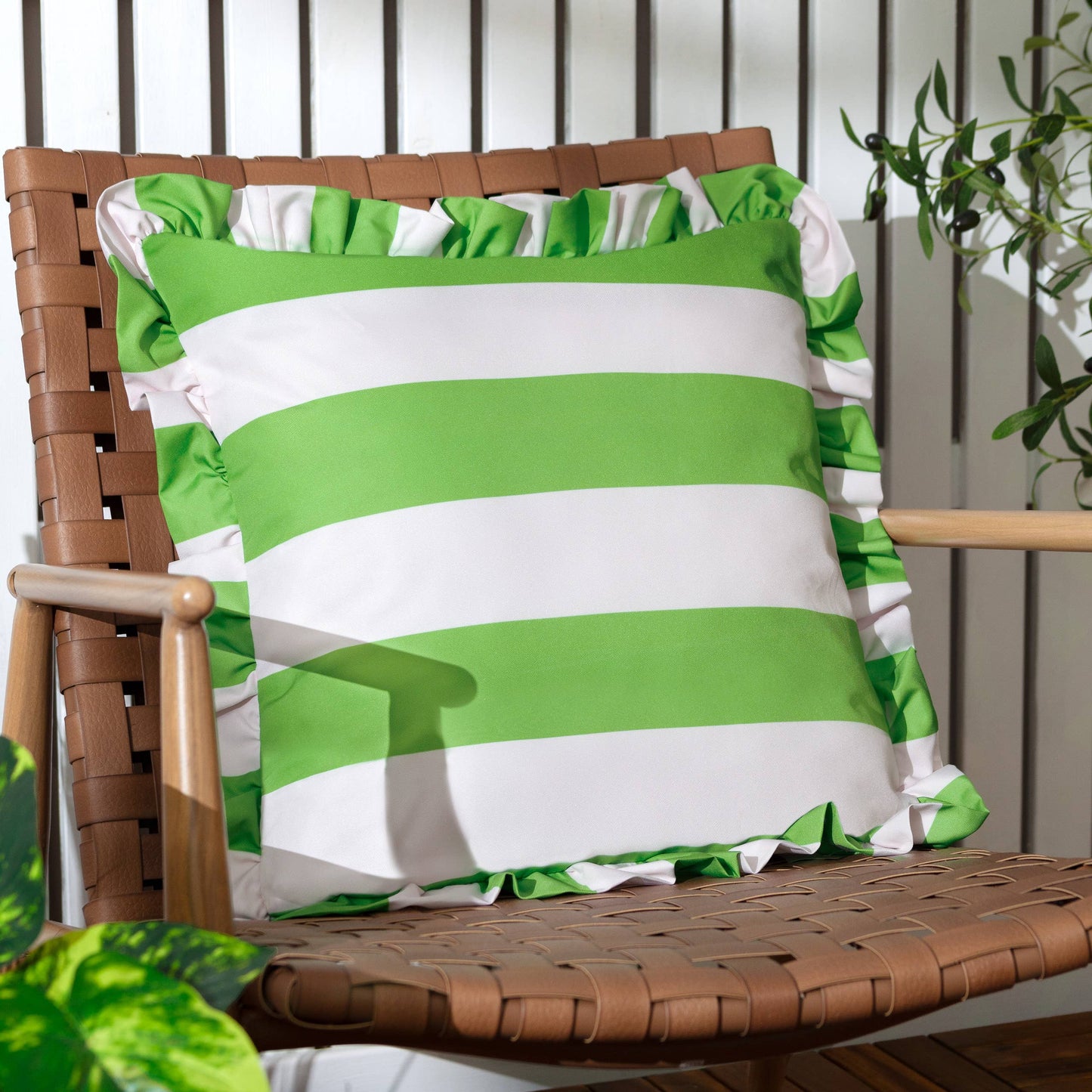 Palm Royale Stripe Ruffle Printed Outdoor Cushion Green