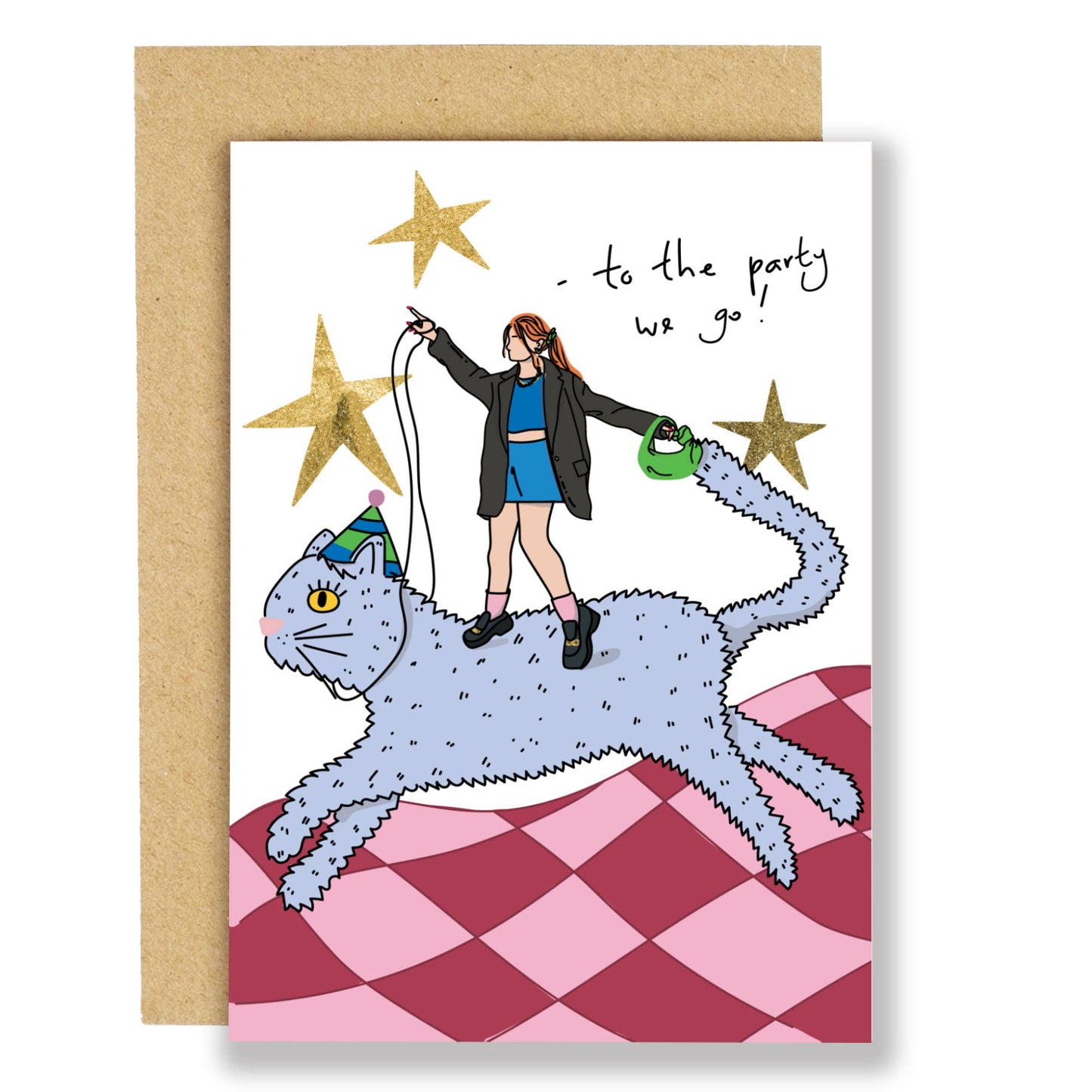 Birthday card- To the party we go - gold foil (NEW)