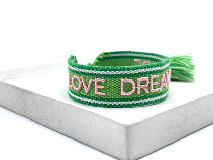LOVE DREAM HOPE statement bracelet woven, embroidered