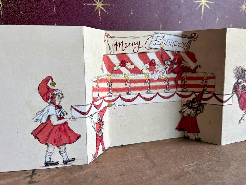 Merry Birthday - Vintage inspired fold out Christmas Birthday Card