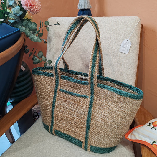 Aqua Jute pocket tote bag large