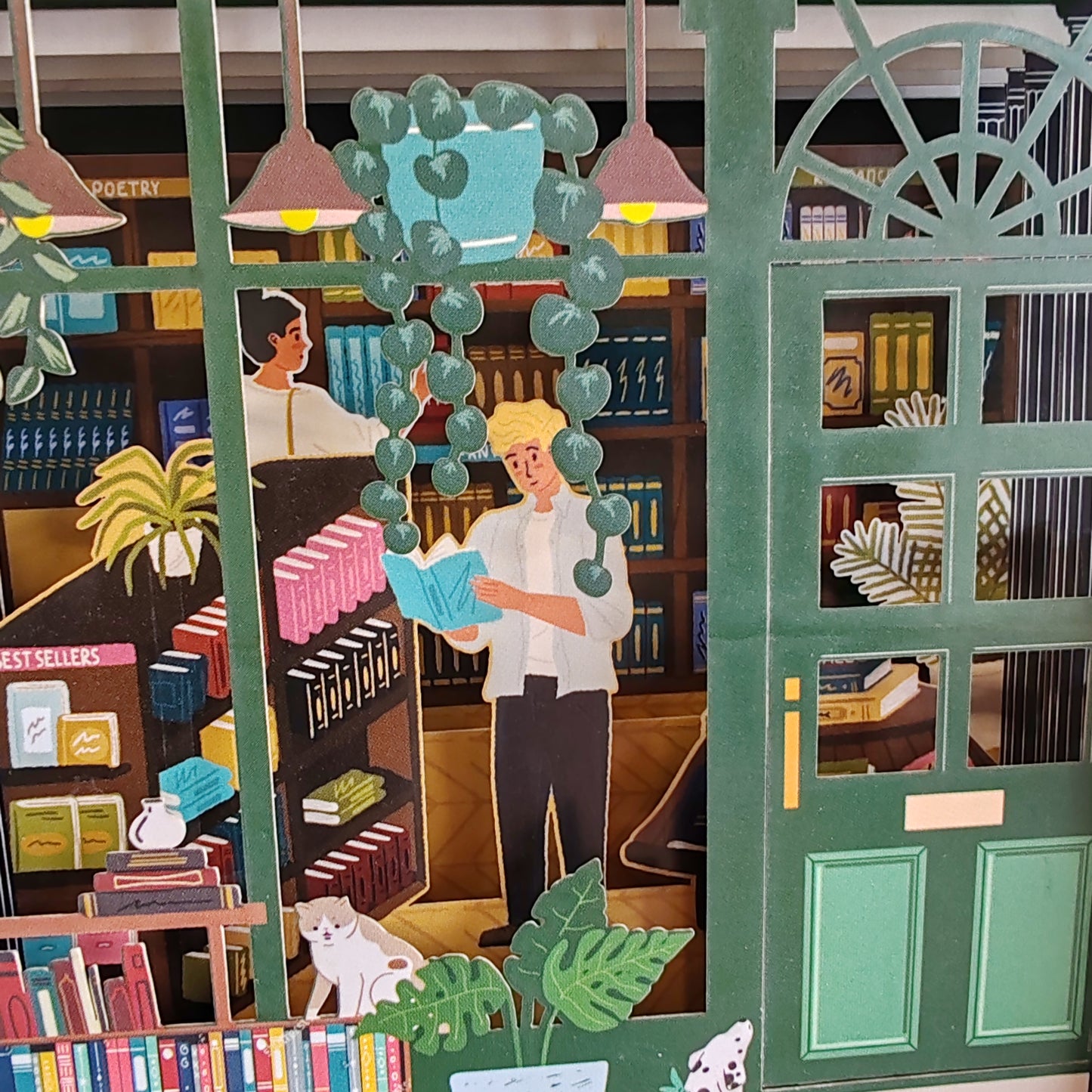 Miniature world Greeting card. 3d Pop up Bookshop