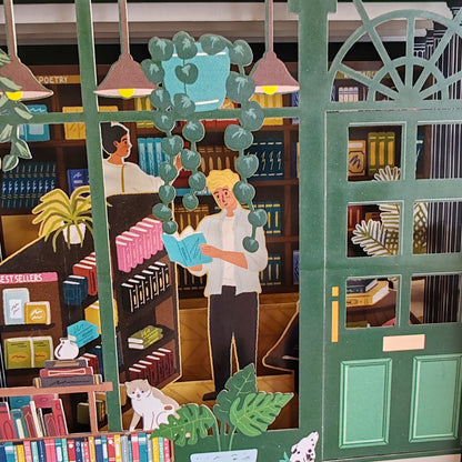 Miniature world Greeting card. 3d Pop up Bookshop