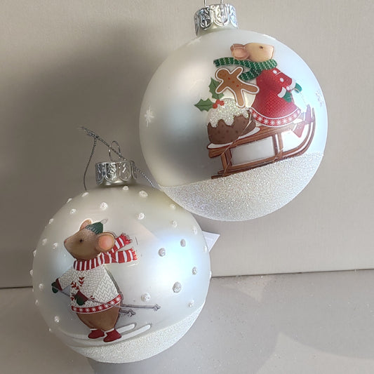 Matt White Glass Bauble - Holly/Alfie on Snow