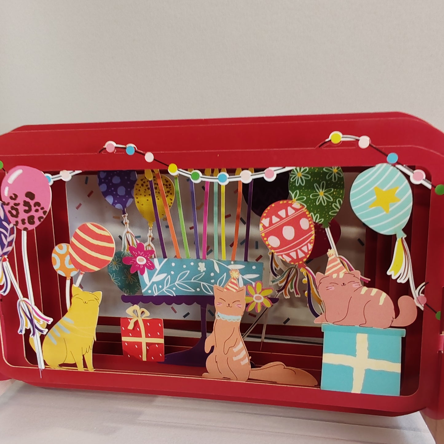Message in a Bottle 3d pop up greeting card. Cats and balloons party.