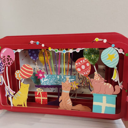 Message in a Bottle 3d pop up greeting card. Cats and balloons party.